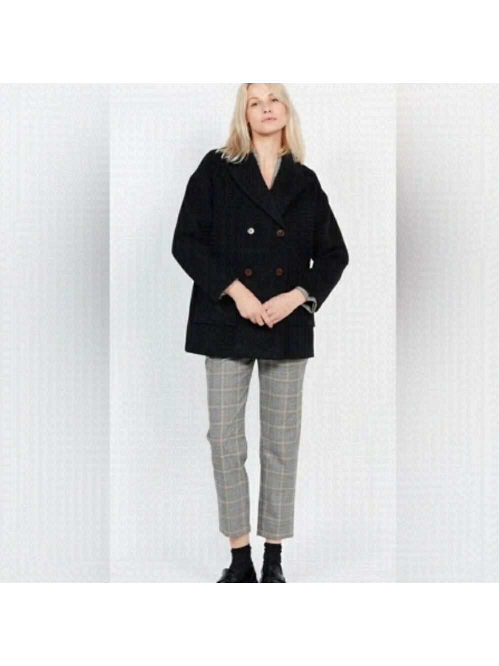 H&M Wool-blend Jacket pea coat double breasted black Sz 14 woven made in Italy